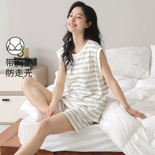 浪莎夏季纯棉睡衣女带胸垫家居服
