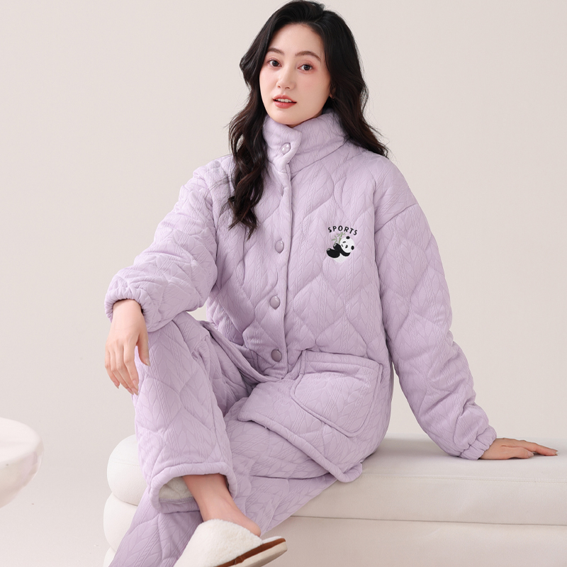 浪莎针织棉夹棉睡衣女法兰绒套装
