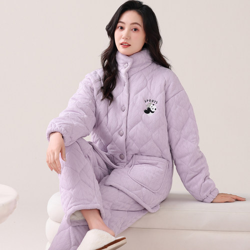 浪莎针织棉夹棉睡衣女法兰绒套装