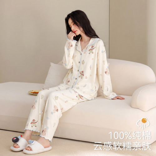 浪莎春秋季100%纯棉女士长袖睡衣