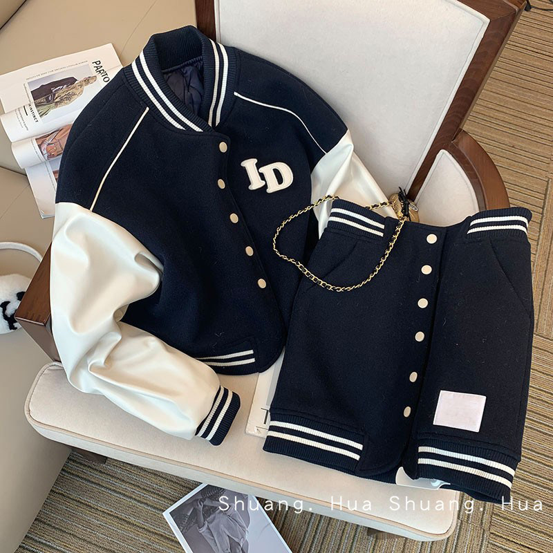 [ORIGINAL NICHE] PREPPY SUIT WOMENS WINTER 2024 NEW AGE REDUCTION THICKENED BASEBALL UNIFORM SHORT SKIRT TWO-PIECE SET