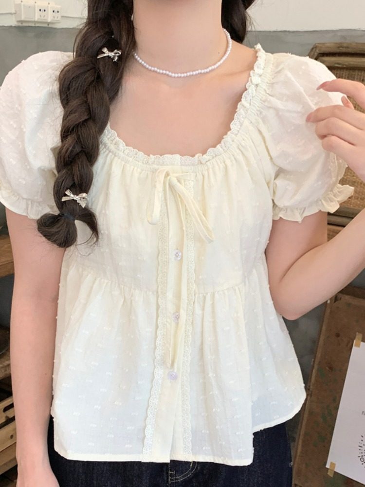 夏季新款蕾丝花边泡泡袖白色衬衫女修身系带短袖别致衬衣甜美上衣