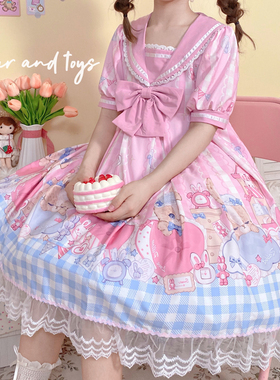 原创设计小个子Lolita晚安兔兔海军领蕾丝花边可爱洛丽塔连衣裙女