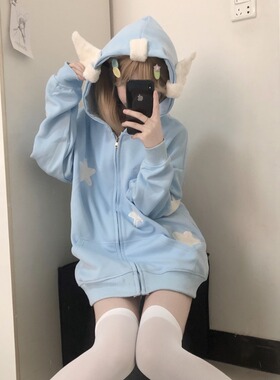 春秋新款可爱星星刺绣卫衣外套慵懒风设计感小众情侣连帽拉链开衫