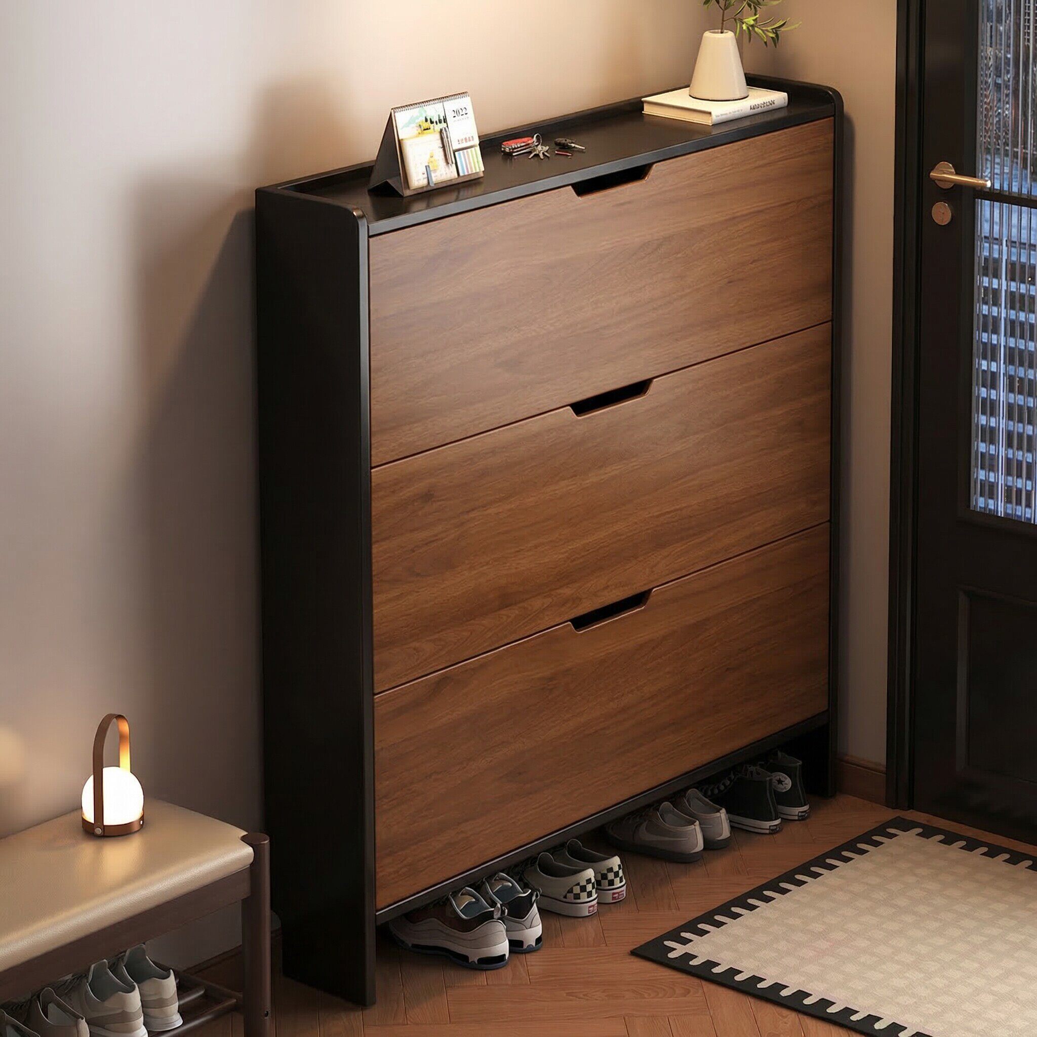 实木超薄鞋柜家用门口收纳柜一体靠墙2026新款入户门室内翻斗鞋架