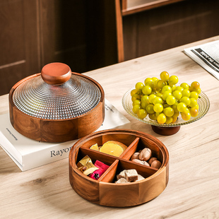 复古木质水果盘带盖家用分格干果盘茶点盘小吃收纳盘糖果零食摆盘