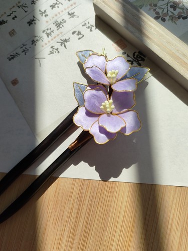 非遗绒花发钗黑檀木发簪新中式掐丝绒花汉服旗袍头饰蚕丝线绒花