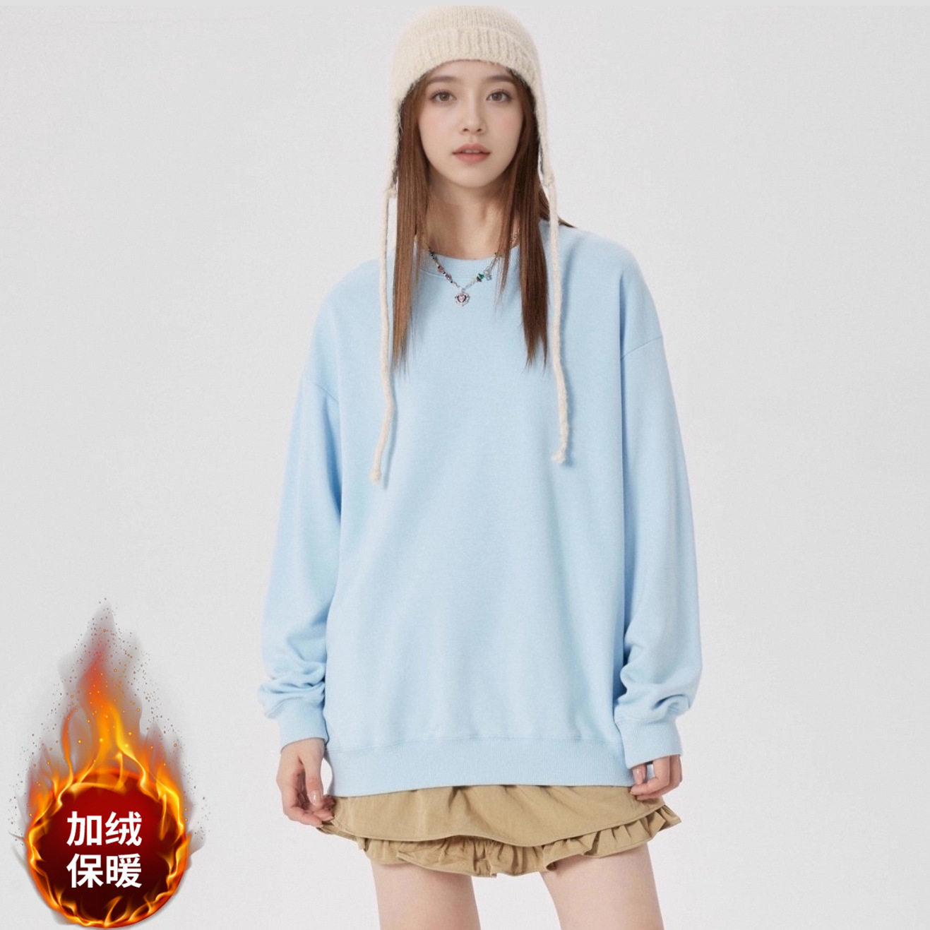 WOHOO韩系圆领卫衣男女款2025秋季新款潮牌百搭宽松套头情侣上衣