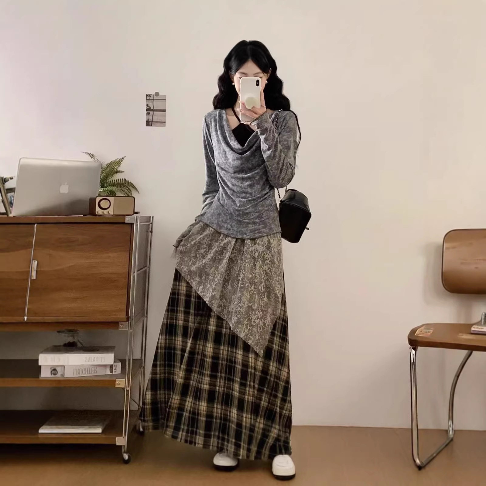春秋新款收腰两件套长袖上衣搭配半身裙