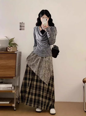 春秋新款收腰两件套长袖上衣搭配拼接半身裙两件套女格子长裙套装