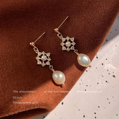 巴洛克淡水珍珠~微镶锆石925银针镀14K手工耳环复古创意耳饰工厂