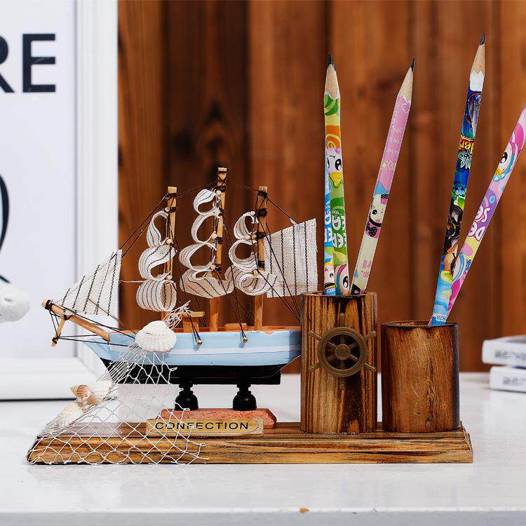 地中海模型笔筒 一帆风顺办公装饰品 创意木质工艺品桌面摆件