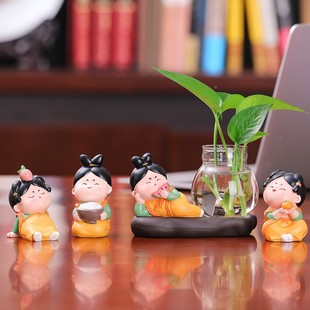 可爱唐仕女水培花瓶绿萝水养器皿玻璃花器家居办公室摆件装饰定制