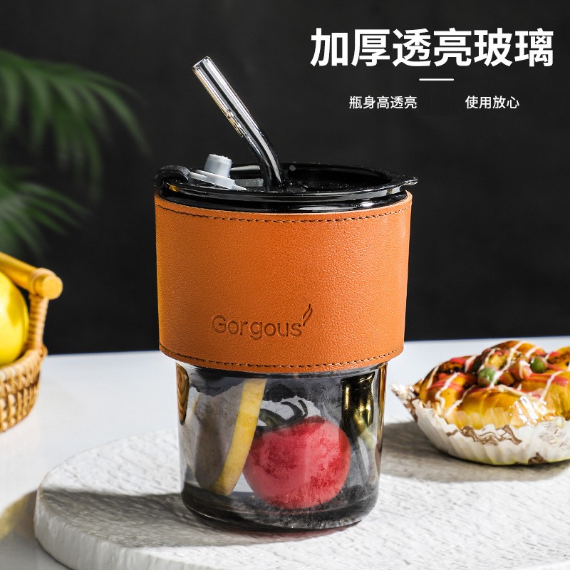 竹节杯创意水杯玻璃杯家用玻璃杯400ML吸管杯子ins风大容量咖定制