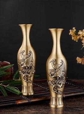 仙鹤花瓶插花浮雕净水瓶工艺品复古书房玄关装饰品铜摆件定制