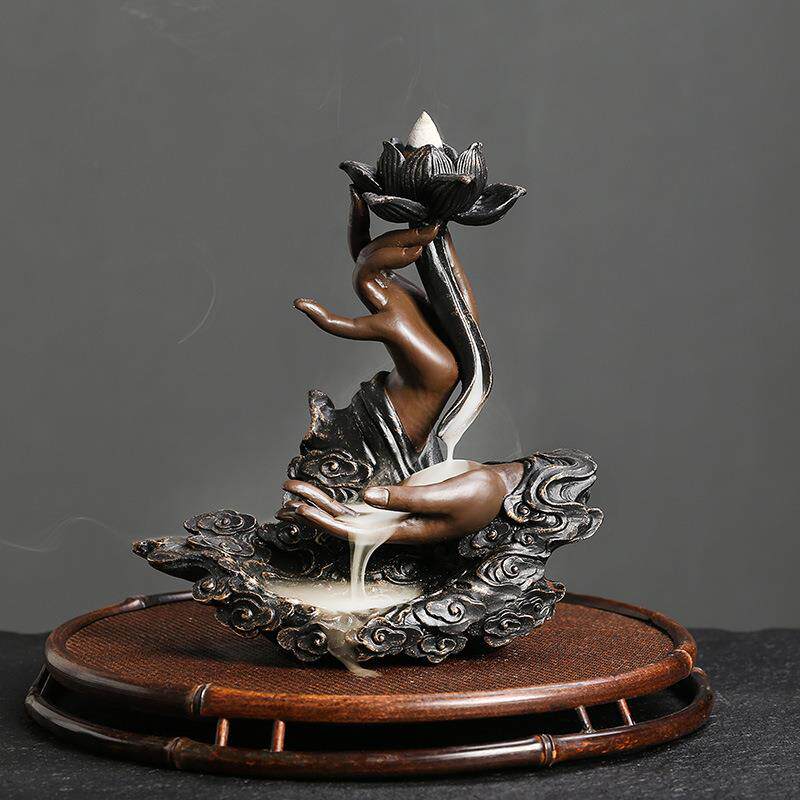 树脂倒流香薰炉饰品 创意莲花禅意佛手倒流香家居工艺品摆件