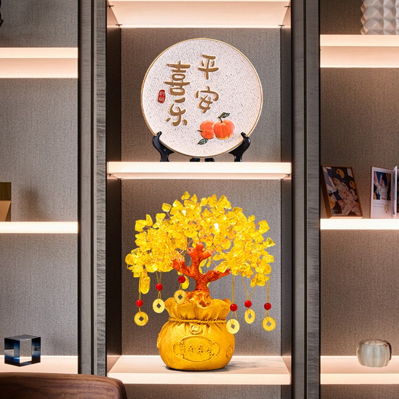新款黄发财树摆件客厅酒柜办公室聚财摇钱树装饰新店开业礼品定制