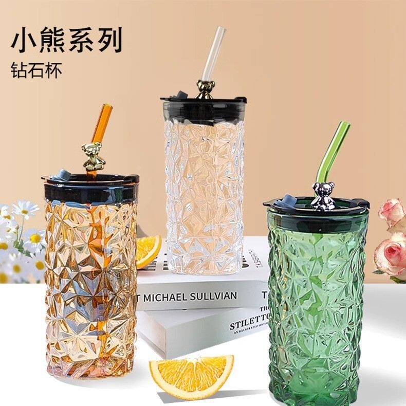 带盖小熊玻璃杯高颜值透明玻璃水杯家用吸管钻石杯子玻璃杯