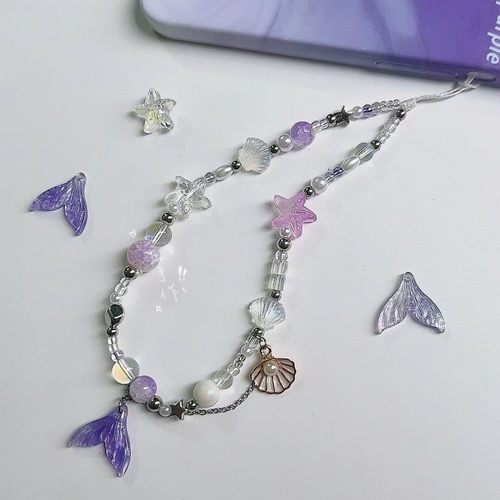 原创自制紫色鱼群贝壳吊坠手机挂绳手工diy串珠ccd链条相机链定制