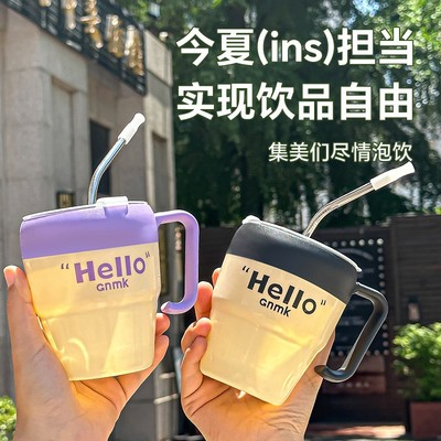 水杯办公室把手咖啡杯不锈钢吸管玻璃杯高颜值吸管水杯带盖马定制