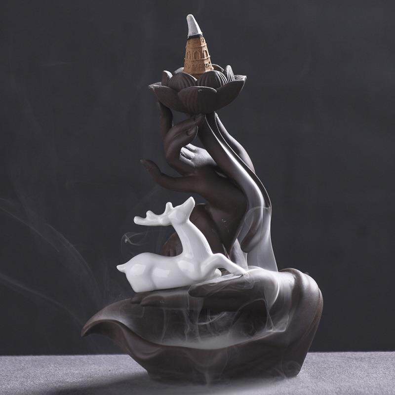 紫砂莲花佛手倒流香炉创意白色小鹿佛手塔香炉家居工艺品摆件