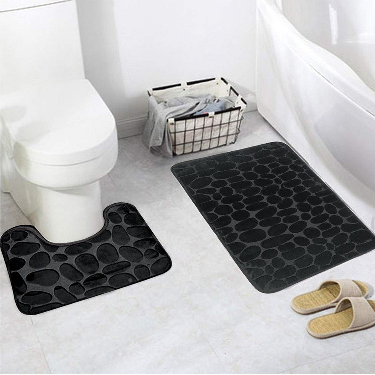 热销法兰绒压花鹅卵石头纹马桶黑色二件套吸水防滑地毯地垫定制