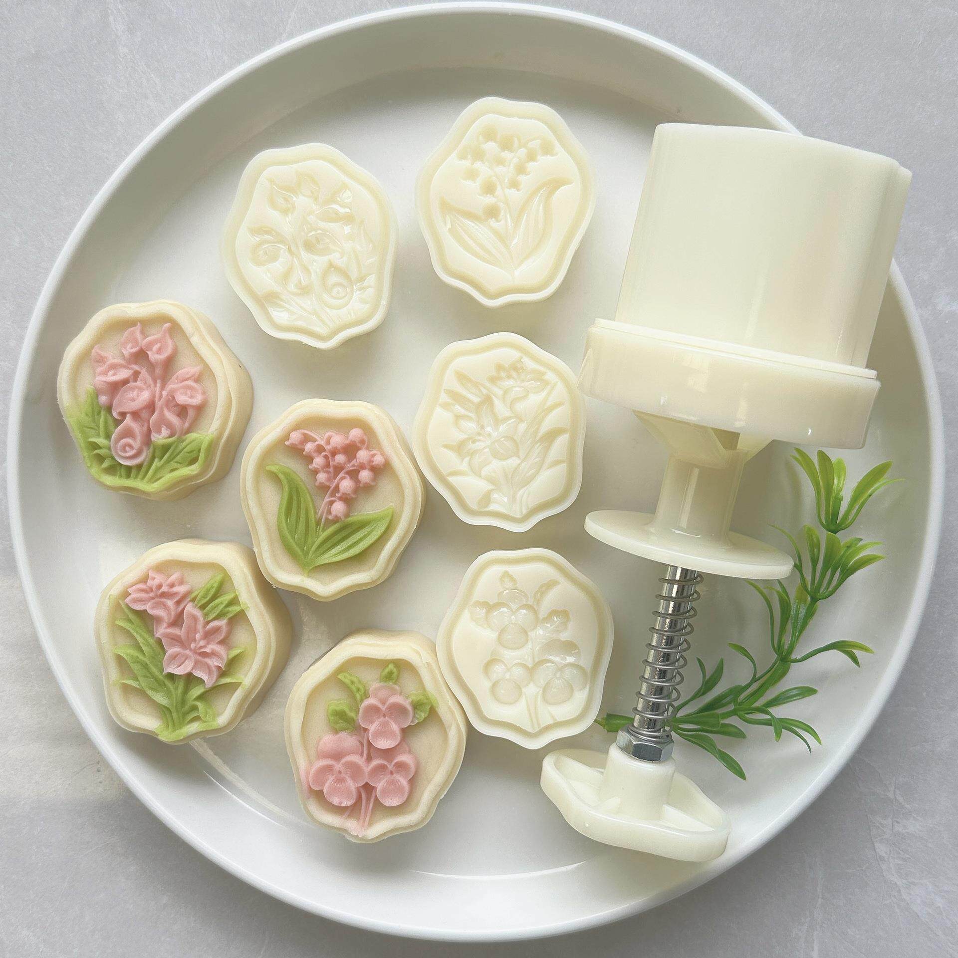 50g3D立体烘焙模具 铃兰花绿豆糕点心月饼手压式塑料模具套装