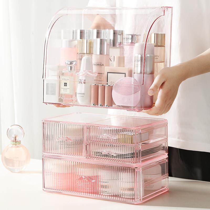 化妆品收纳盒桌面梳妆台家用防尘大容量护肤口红箱高级带盖置物架
