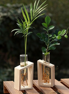 简约北欧家居试管玻璃花瓶 创意书桌水培植物 木质花器摆件定制