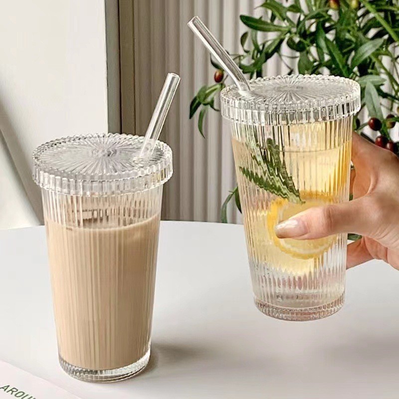 竖纹玻璃杯高颜值玻璃吸管杯带盖吸管杯牛奶饮料杯咖啡杯子定制