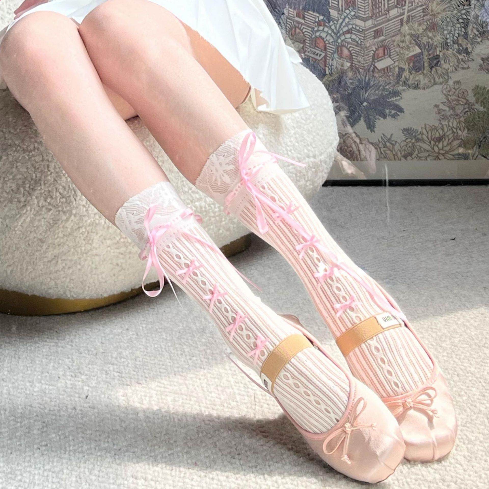 花边蕾丝袜子短中筒薄款jk蝴蝶结玛丽珍堆堆小腿袜女夏季镂空网袜