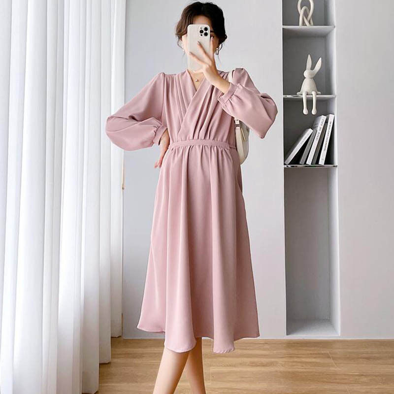 孕妇装秋季时尚款宽松显纯色休闲收腰绑带孕妇连衣裙有口袋潮妈