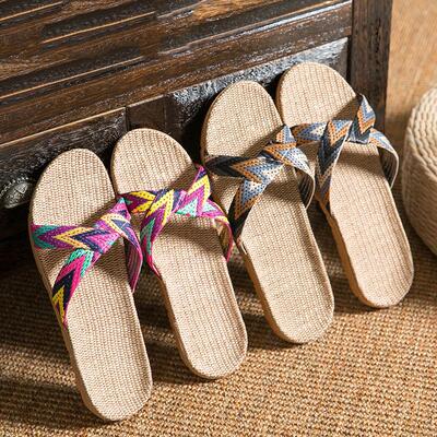 阔步阁夏季男女士可爱居家亚麻拖鞋室内家居防滑地板凉拖鞋沙定制