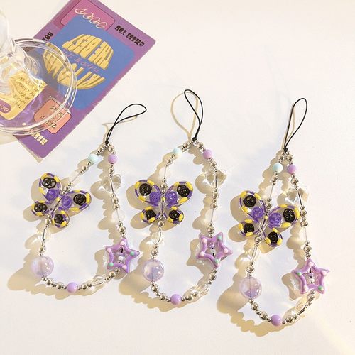 潮流ins紫色星星蝴蝶手提链串珠挂饰少女心ins手机挂绳钥匙扣定制