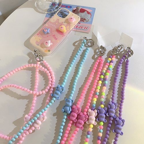 网红ins糖果色小熊珠珠斜跨手机链侧挂带通用手机壳串珠diy背定制