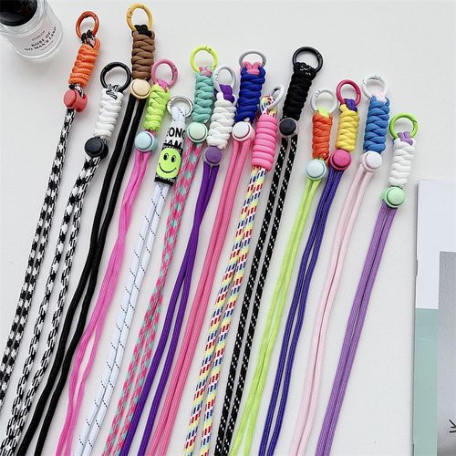 手工编织打结斜挎手机挂绳长款拼色双头圆扣手机背夹挂绳可调定制