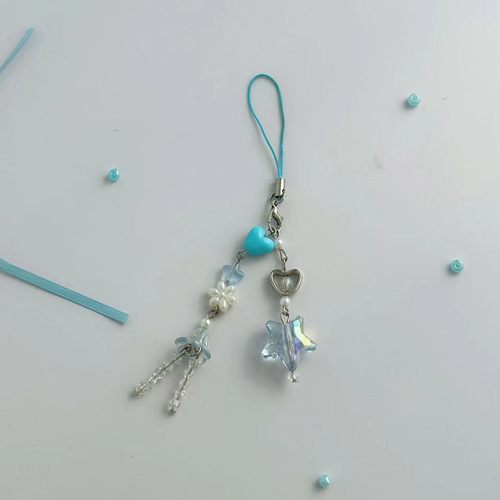 手作ins风清镭射星星桃吊坠爱心串珠手机链挂件小清新钥匙扣定制