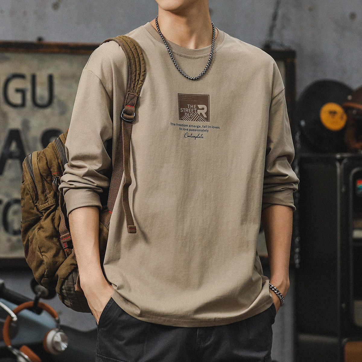 潮牌美式休闲长袖t恤男春秋季设计感宽松圆领上衣服男士重磅体恤