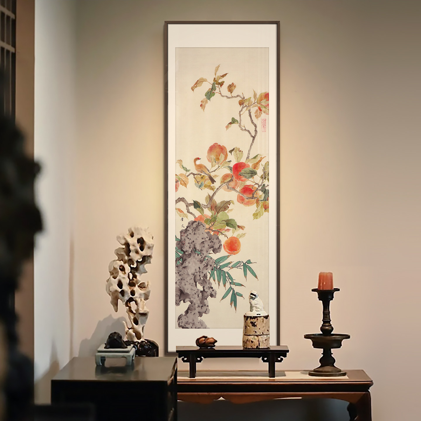 新中式蟠桃栖瑞图装饰画 寿桃吉祥入户玄关餐厅背景墙挂画艺术画