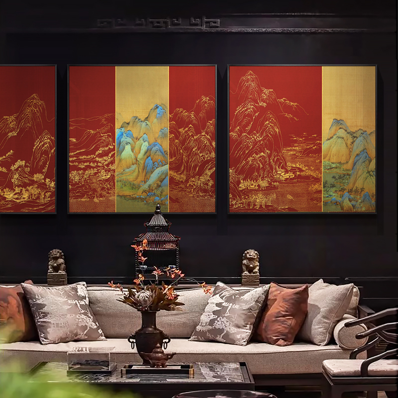 新中式客厅沙发背景装饰画酒店餐厅千里江山挂画高级三联组合墙画图片