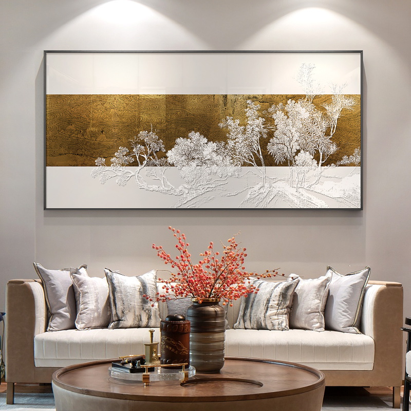 新中式客厅沙发背景墙挂画餐厅迎客松风景浮雕立体实物横幅装饰画图片