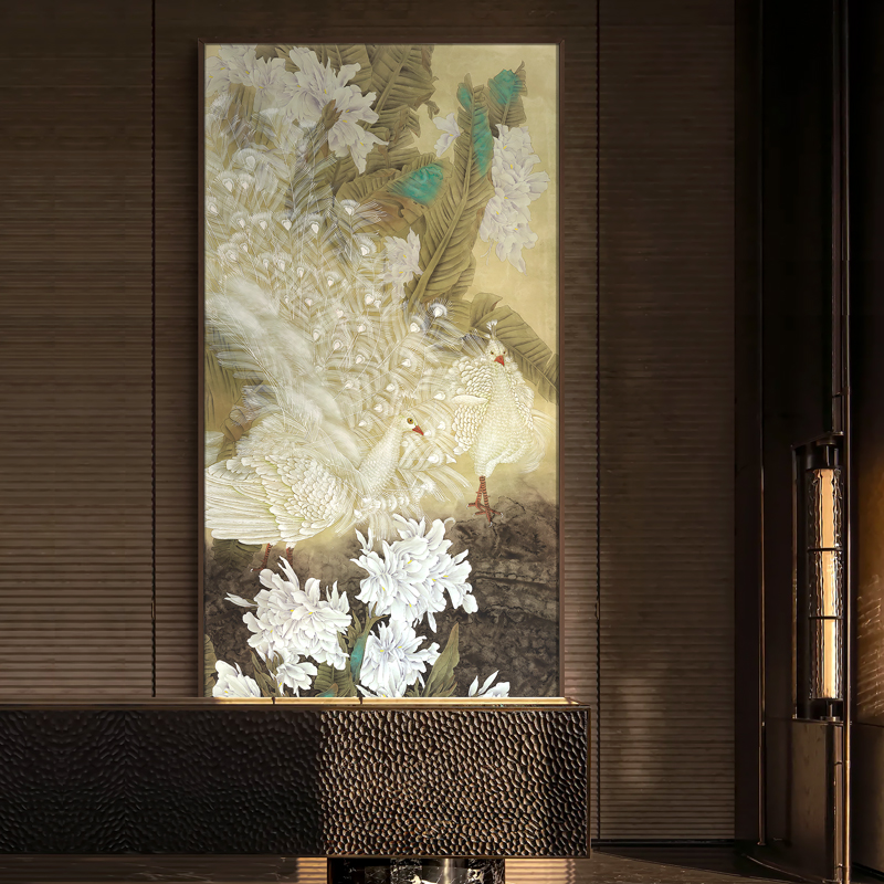 网红画新式进门玄中关装饰画酒店走廊道背景墙壁风餐过馆白孔雀景图片