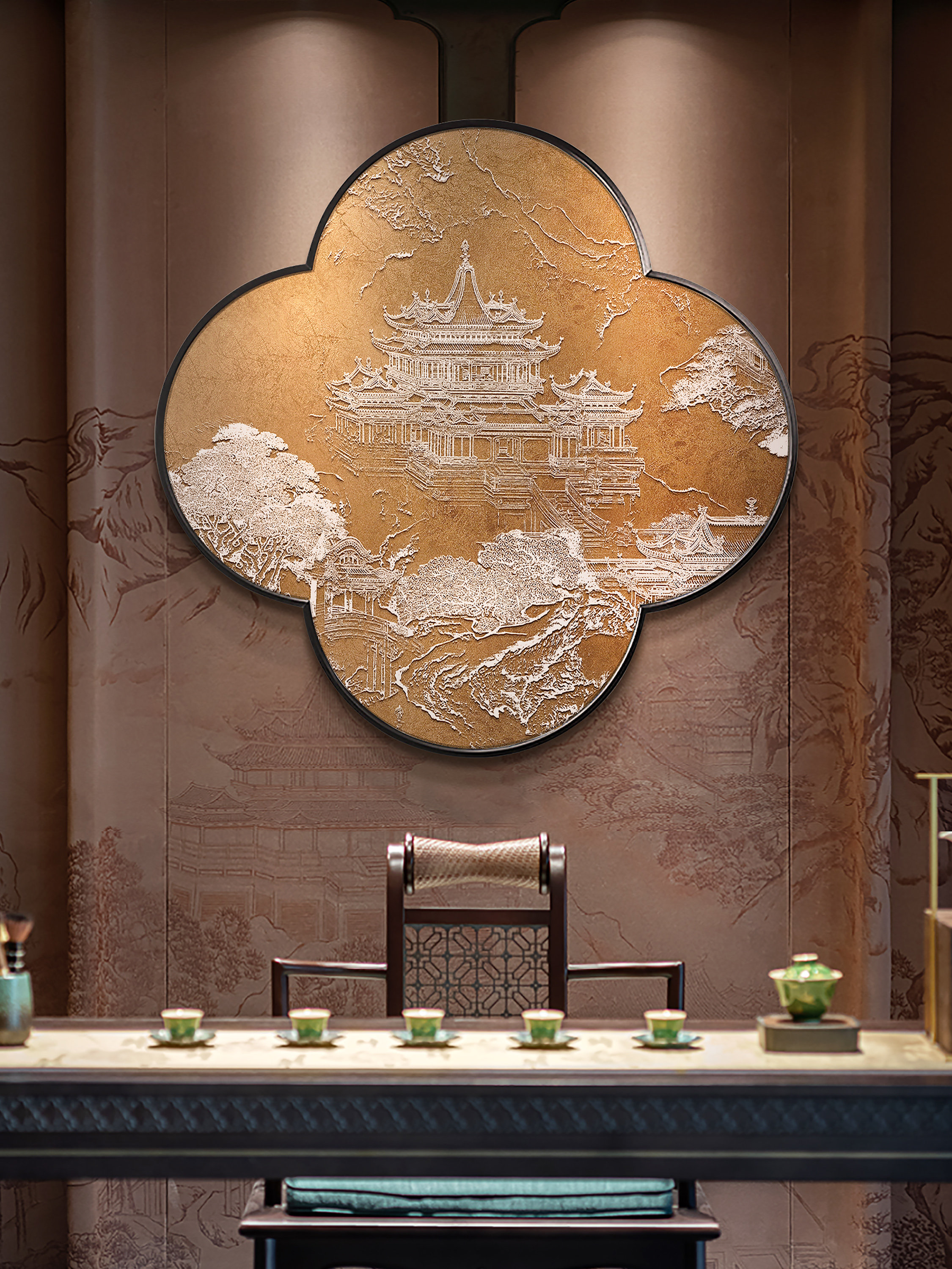 新中国风山水画禅宗立体浮雕茶室装饰画入口玄关圆餐厅背景墙挂画
