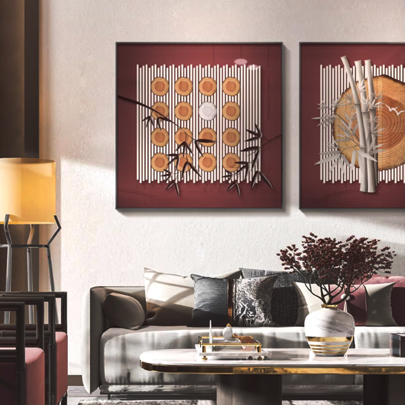 新中式客厅沙发背景墙竹韵立体装饰画茶楼过道实物画餐厅双联挂画