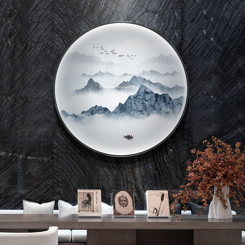 新中式办公室茶室风景背景装饰画酒店别墅玄关圆形led灯光挂画图片