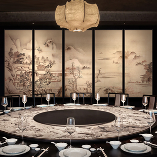 新中式酒店包厢背景多联组合装饰画餐厅山水风景高档大气巨幅挂画