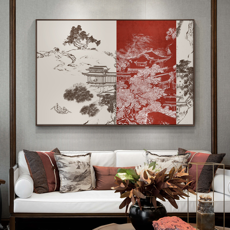 新中式客厅沙发背景墙面装饰画高档大气别墅餐厅大幅立体浮雕挂画图片