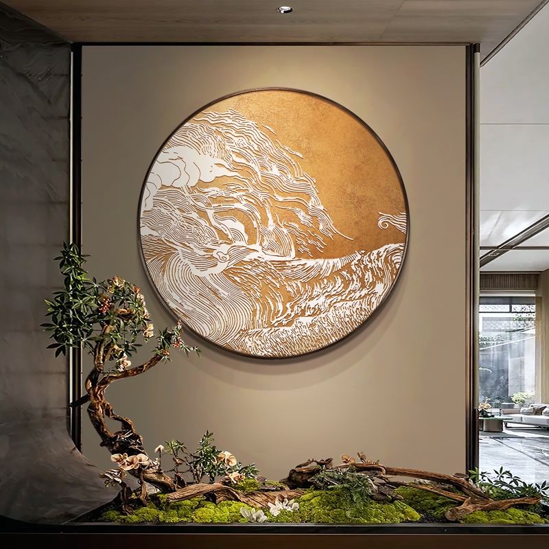 入户玄关装饰画新中式石竹图浮雕立体挂画办公室茶桌背景墙面壁画图片