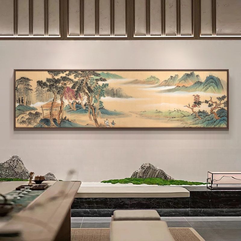 新中式茶室青绿山水风景装饰画 画民宿书房办公室背景墙长条横幅