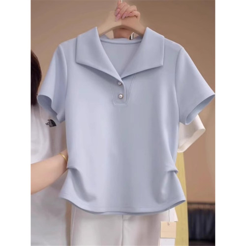 韩系蓝色Polo领纯棉短袖t恤女潮